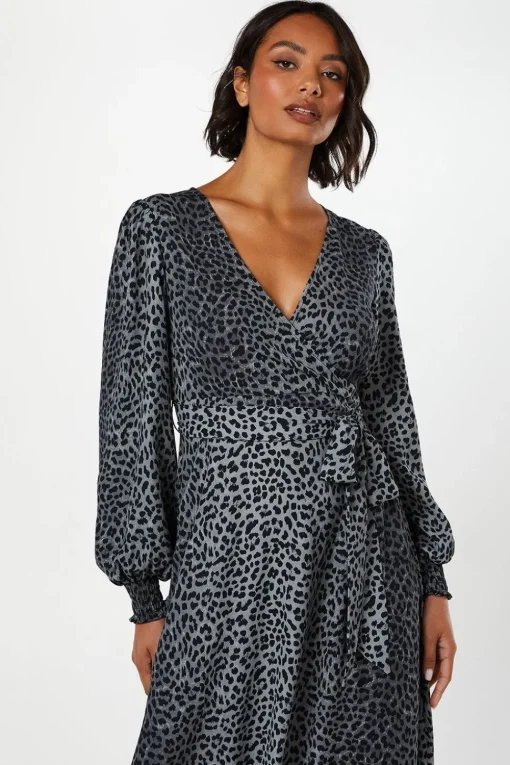 Black Animal Long Sleeve Wrap Midi Dress