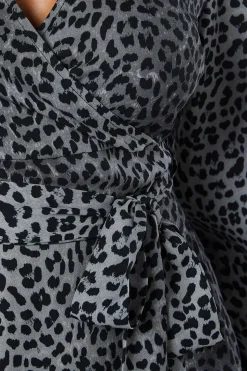 Black Animal Long Sleeve Wrap Midi Dress