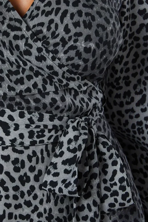 Black Animal Long Sleeve Wrap Midi Dress