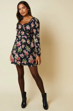 Black Ditsy Floral Lace front mini dress