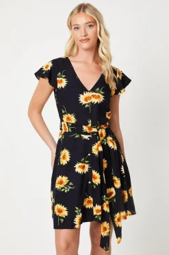 Black Floral Button Front Mini Dress