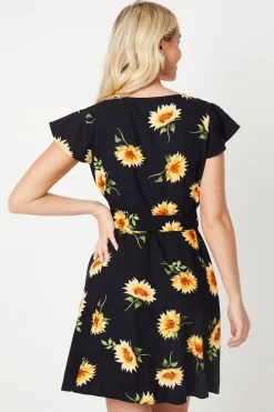 Black Floral Button Front Mini Dress