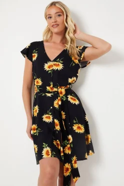 Black Floral Button Front Mini Dress