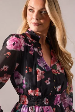 Black Floral Frill Detail Shirred Waist Midi Dress