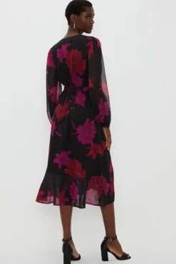 Black Floral Long Sleeved Tier Hem Wrap Dress