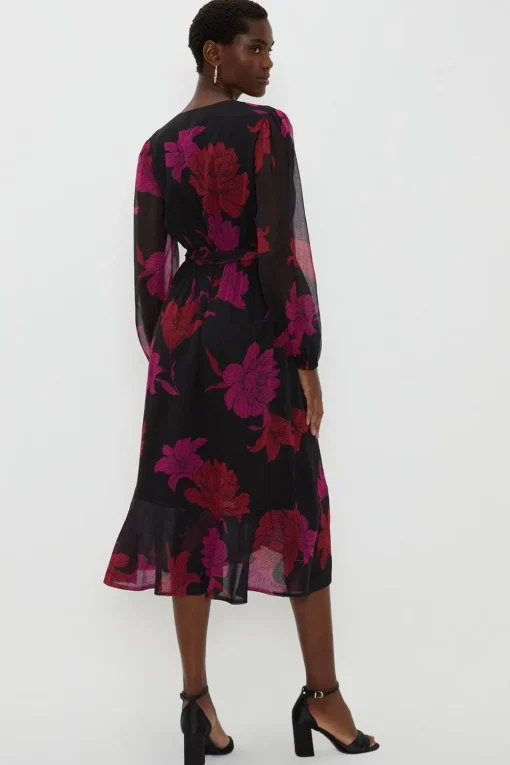 Black Floral Long Sleeved Tier Hem Wrap Dress