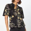 Black Floral Twist Neck Keyhole Blouse