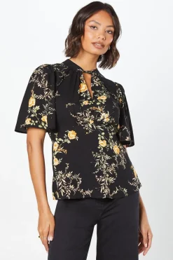 Black Floral Twist Neck Keyhole Blouse