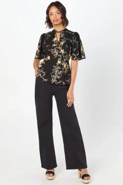 Black Floral Twist Neck Keyhole Blouse