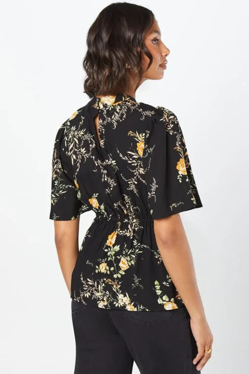 Black Floral Twist Neck Keyhole Blouse