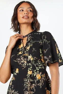 Black Floral Twist Neck Keyhole Blouse