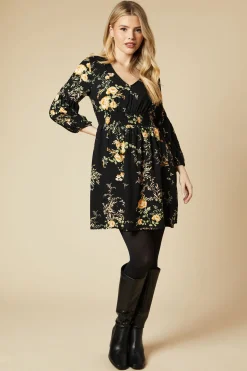 Black Floral V Neck Mini Dress