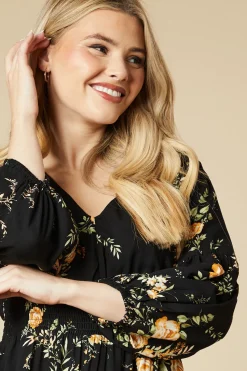 Black Floral V Neck Mini Dress