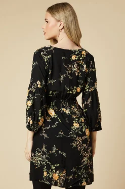 Black Floral V Neck Mini Dress