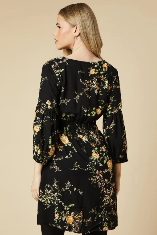 Black Floral V Neck Mini Dress
