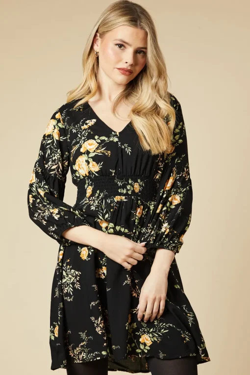 Black Floral V Neck Mini Dress