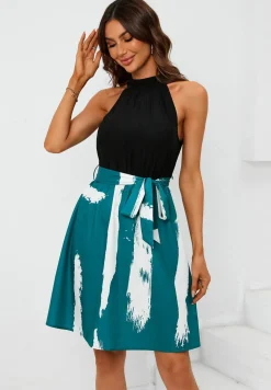 Black Halterneck Top 2 In 1 Mini Dress In Blue Print