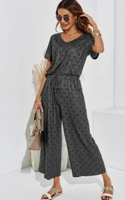 Black Polk Dot Loose Jumpsuit With Short Sleeve In Grey