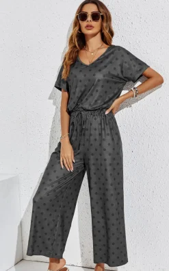 Black Polk Dot Loose Jumpsuit With Short Sleeve In Grey