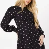 Black Spot Shirred Cuff Mini Dress
