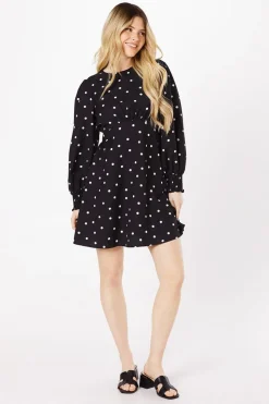 Black Spot Shirred Cuff Mini Dress