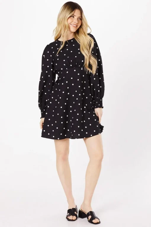 Black Spot Shirred Cuff Mini Dress
