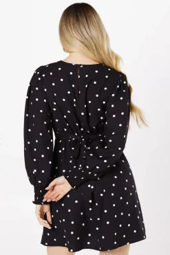 Black Spot Shirred Cuff Mini Dress