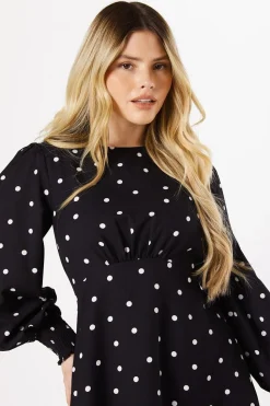 Black Spot Shirred Cuff Mini Dress