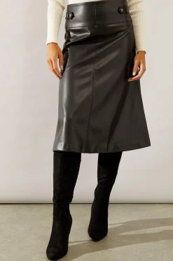 Black Tab Detail Faux Leather A Line Skirt