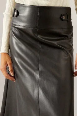 Black Tab Detail Faux Leather A Line Skirt