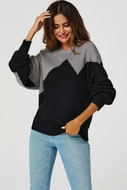 Block Colour Relaxed Knit Jumper Top In Grey & Black
