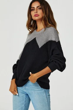 Block Colour Relaxed Knit Jumper Top In Grey & Black
