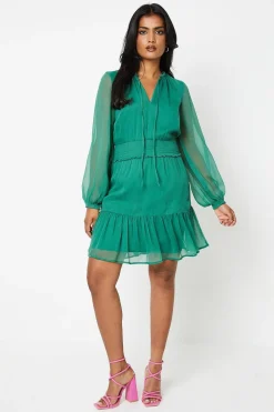 Blouson Sleeve Shirred Chiffon Mini Dress