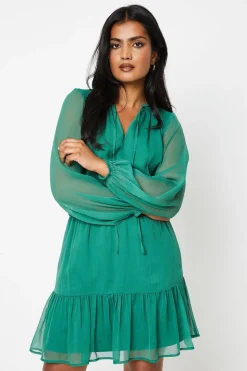 Blouson Sleeve Shirred Chiffon Mini Dress