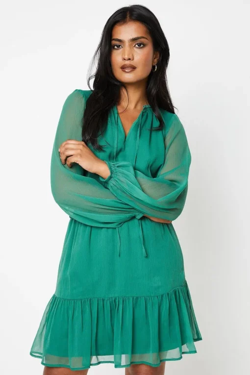 Blouson Sleeve Shirred Chiffon Mini Dress