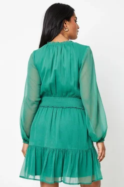 Blouson Sleeve Shirred Chiffon Mini Dress