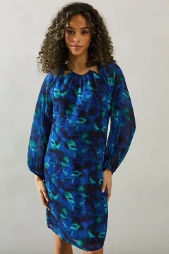 Blue Abstract Cut Out Detail Shift Dress