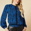 Blue Ditsy Lace Trim Body Long Sleeve Blouse