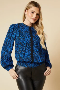 Blue Ditsy Lace Trim Body Long Sleeve Blouse