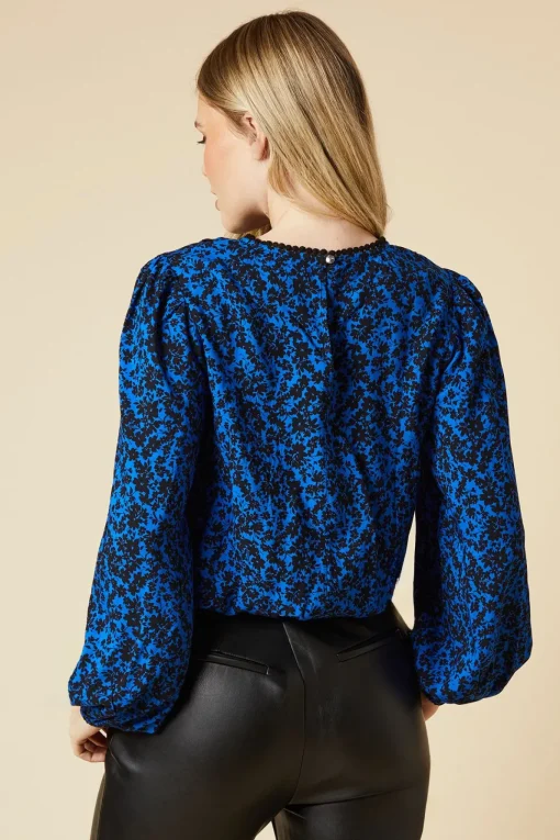 Blue Ditsy Lace Trim Body Long Sleeve Blouse
