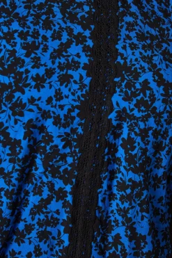 Blue Ditsy Lace Trim Body Long Sleeve Blouse