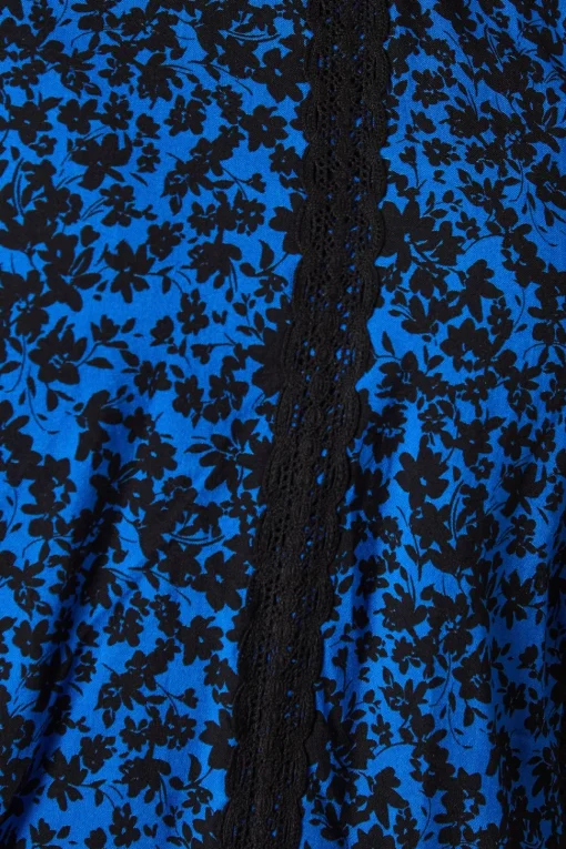 Blue Ditsy Lace Trim Body Long Sleeve Blouse