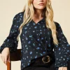 Blue Ditsy Shirred Cuff Blouse