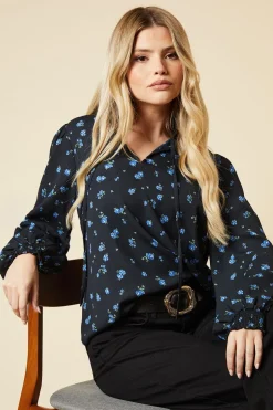 Blue Ditsy Shirred Cuff Blouse