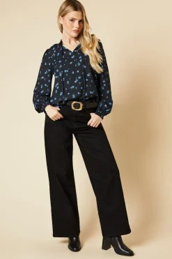 Blue Ditsy Shirred Cuff Blouse