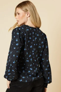 Blue Ditsy Shirred Cuff Blouse