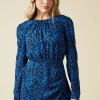 Blue Ditsy Wrap Skirt Long Sleeve Mini Dress