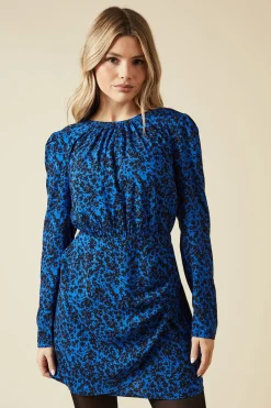 Blue Ditsy Wrap Skirt Long Sleeve Mini Dress