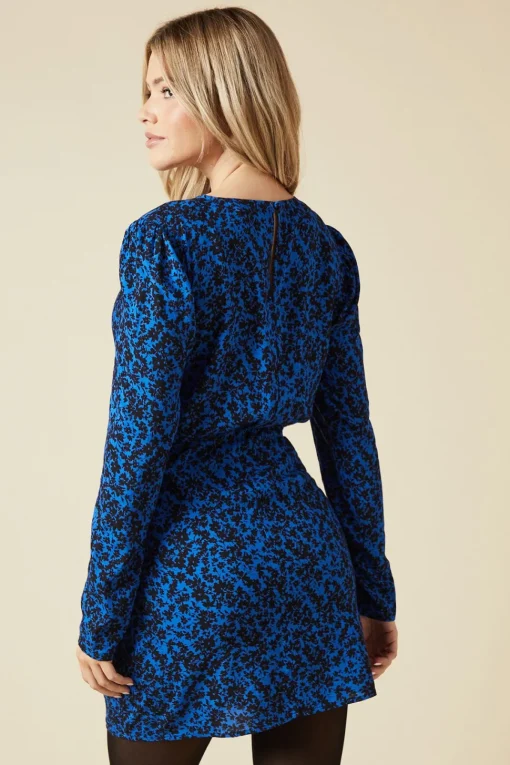 Blue Ditsy Wrap Skirt Long Sleeve Mini Dress