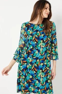 Blue Floral Fluted Sleeve Shift Dress